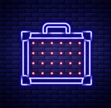 Parlayan neon hattı Gitar yükseltici simgesi tuğla duvar arka planında izole edildi. Müzik aleti. Renkli taslak konsepti. Vektör