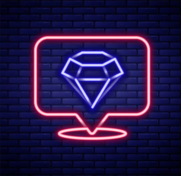 Leuchtende Neon Linie Diamant Symbol Isoliert Auf Backsteinwand Hintergrund Schmuck — Stockvektor