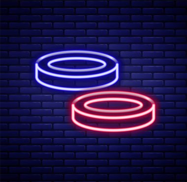 Parlayan neon hattı Checker oyun çipleri simgesi tuğla duvar arka planında izole edildi. Renkli taslak konsepti. Vektör