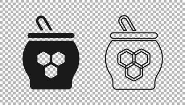Şeffaf arkaplanda siyah kavanoz bal ve ballı şeker çubuğu ikonu izole edilmiş. Yiyecek bankası. Tatlı doğal gıda sembolü. Tatlı kepçe. Vektör