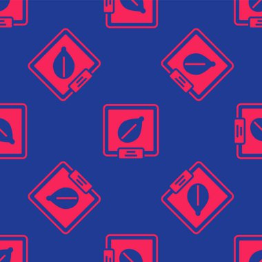 Özel bir bitki simgesinin kırmızı tohumları mavi arkaplandaki kusursuz deseni izole etti. Vektör