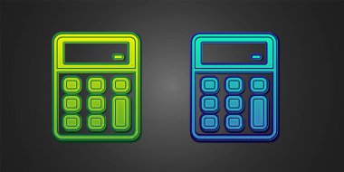 Green and blue Calculator icon isolated on black background. Accounting symbol. Business calculations mathematics education and finance.  Vector