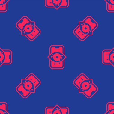 Kırmızı Bilgisayar görme simgesi mavi arkaplanda kusursuz desen izole etti. Teknik görüş, göz devresi, video izleme sistemi, artırılmış gerçeklik sistemleri. Vektör