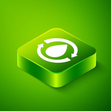 Isometric Geri Dönüşüm Temiz su simgesi yeşil arka planda izole. İşaret geri dönüşümlü bir damla su. Yeşil kare düğmesi. Vektör