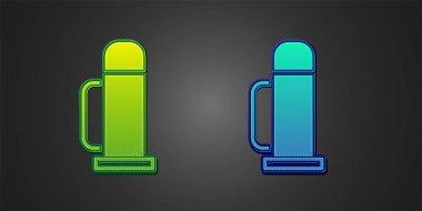 Green and blue Thermos container icon isolated on black background. Thermo flask icon. Camping and hiking equipment.  Vector