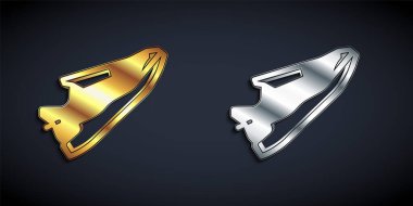 Antrenman için altın ve gümüş spor ayakkabıları, siyah arka planda izole edilmiş ikon çalışan. Spor ayakkabılar. Uzun gölge tarzı. Vektör