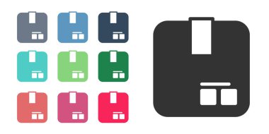 Beyaz arkaplanda siyah karton kutu simgesi izole edildi. Kutu, paket, paket işareti. Teslimat ve ambalaj. Simgeleri renklendirin. Vektör