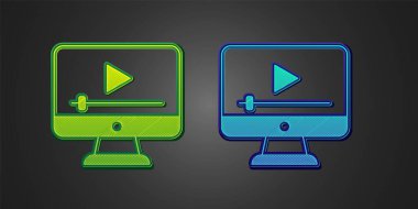 Siyah arkaplanda yeşil ve mavi Online oynatma simgesi izole edildi. Oyun işaretli film şeridi. Vektör