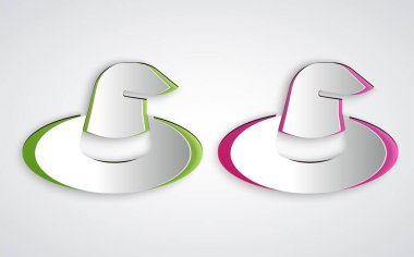 Kağıt kesiği cadı şapkası simgesi gri arkaplanda izole edilmiş. Mutlu Cadılar Bayramı Partisi. Kağıt sanatı tarzı. Vektör