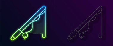 Parlayan neon hattı Balıkçı Çubuğu simgesi siyah arkaplanda izole edildi. Büyük bir balık yakala. Balıkçılık ekipmanları ve balık çiftliği konuları. Vektör