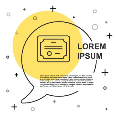 Beyaz arkaplanda siyah çizgi sertifika şablon simgesi izole edildi. Başarı, ödül, diploma, burs, diploma kavramları. Rastgele dinamik şekiller. Vektör