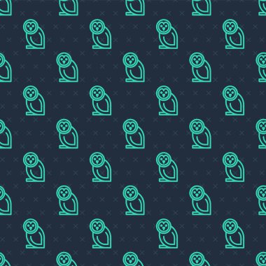 Yeşil çizgi baykuş ikonu mavi arka planda izole edilmiş pürüzsüz desen. Hayvan sembolü. Vektör