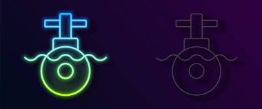 Parlayan neon hattı denizaltı simgesi siyah arkaplanda izole edildi. Askeri gemi. Vektör
