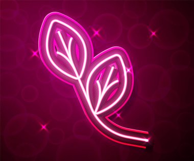 Parlayan neon hattı Yaprak simgesi kırmızı arkaplanda izole edildi. İşaret bırakıyor. Taze doğal ürün sembolü. Vektör