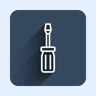 Beyaz çizgi tornavida simgesi uzun gölge arkaplanı ile izole edildi. Servis aracı sembolü. Mavi kare düğme. Vektör