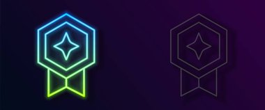 Siyah arkaplanda izole edilmiş madalya ikonu ile parlayan neon çizgi oyunu derecesi. Oyun için seviye sonuçları. Vektör