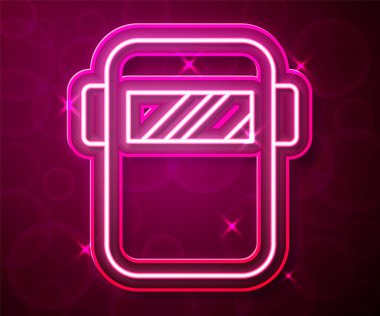 Parlayan neon çizgisi Koruyucu kaynak maskesi başlığı simgesi kırmızı arkaplanda izole edildi. Koruyucu giysi ve alet işçisi. Vektör