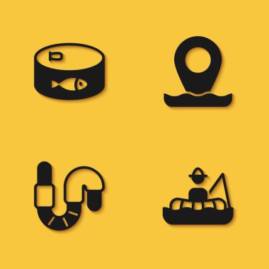 Konserve balık, kayıktaki balıkçı, uzun gölgeli solucan ve konum balıkçılığı ikonu. Vektör