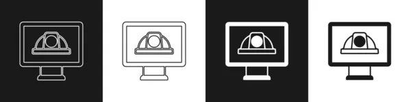 Set Worker Schutzhelm Symbol Isoliert Auf Schwarzem Und Weißem Hintergrund — Stockvektor