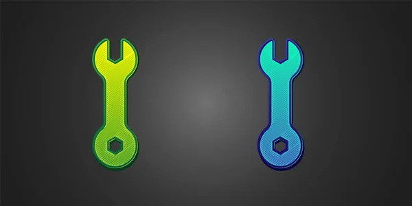 Зеленый Синий Значок Гаечного Ключа Выделенный Черном Фоне Инструмент Ремонта — стоковый вектор