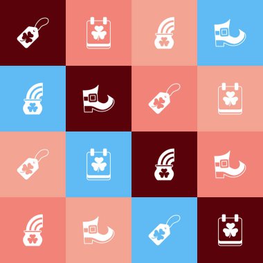 Pop Art Clover folyo yaprağını etiketli, Aziz Patricks takvimli, altın rengi gökkuşağı çömleği ve Leprikon çizme ikonlu ayarla. Vektör