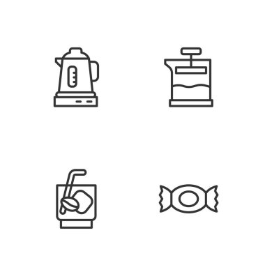 Candy, Espresso tonik kahve, elektrikli su ısıtıcısı ve Fransız ikonu. Vektör