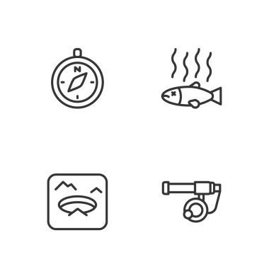 Olta kamışı, kış balıkçılığı, pusula ve ölü ikon. Vektör