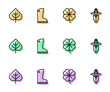 Dört yapraklı yonca, Yaprak, su geçirmez lastik bot ve mısır ikonu. Vektör