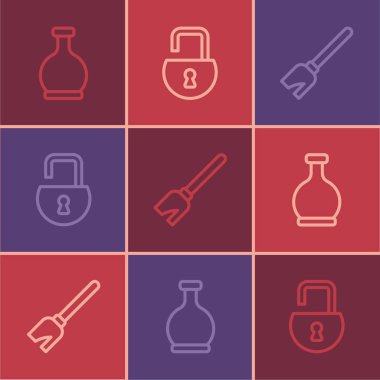 Şişe iksiri, cadı süpürgesi ve açık asma kilit ikonu ile ayarlayın. Vektör