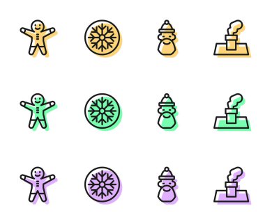 Noel Baba şapkası ve sakal, tatil zencefilli kurabiye, kar tanesi ve Noel bacası ikonu. Vektör