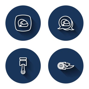 Hat çizgisi yarış kaskı, motor pistonu ve uzun gölgeli alevler. Mavi daire düğmesi. Vektör