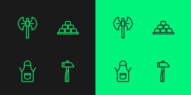 Çizgi Hammer, Demirci önlüğü, Ortaçağ kutup baltası ve altın külçeleri ikonu. Vektör