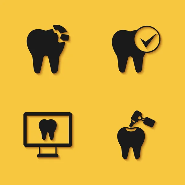 Set Gebrochene Zähne Zahn Mit Karies Und Bohrer Online Zahnpflege — Stockvektor