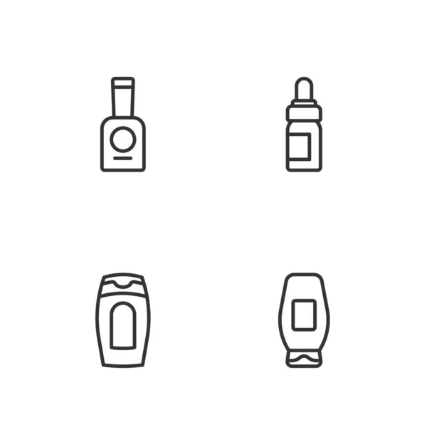 Linea Set Flacone Shampoo Smalto Icona Della Bottiglia Olio Essenziale — Vettoriale Stock