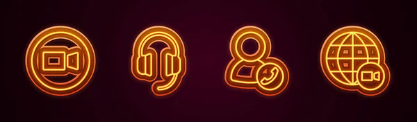 Görüntülü Sohbet Konferansı Kulaklıklar Parlayan Neon Ikonu Vektör — Stok Vektör