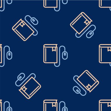 Fare simgesine sahip Line Electronic kitap mavi arkaplanda izole edilmiş kusursuz desen. Çevrimiçi eğitim kavramı. E-kitap rozet ikonu. Vektör.