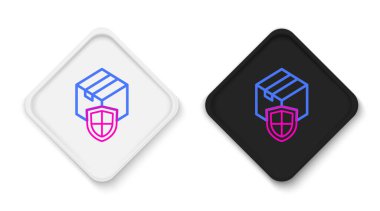 Beyaz arka planda kalkan simgesi olan hat teslimat güvenliği. Teslimat sigortası. Kalkanın ötesinde sigorta kutuları var. Renkli taslak konsepti. Vektör.