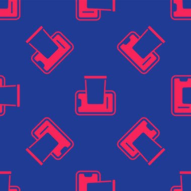 Mobil ikona kırmızı yemek siparişi vermek mavi arka planda izole edilmiş pürüzsüz desen. Cep telefonuyla sipariş verin. Restoran yemek teslimatı konsepti. Vektör.