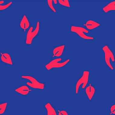 Kırmızı El, bitki simgesinin bir yaprağını mavi arkaplanda izole edilmiş şekilde tutuyor. Doğayı koru. Yaprak, çevre korumasıyla çekiliyor. Vektör.