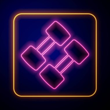 Parlayan neon renkli Dumbbell simgesi siyah arkaplanda izole edildi. Kas kaldırma, fitness halteri, spor malzemeleri. Vektör.