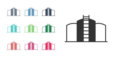 Beyaz arkaplanda siyah yağ depolama simgesi izole edildi. Petrol ve gaz endüstrisi için gemi deposu. Petrol tankı teknoloji istasyonu. Simgeleri renklendirin. Vektör.