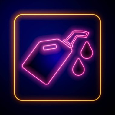 Siyah zemin üzerinde izole edilmiş motor makine yağı ikonu için parlayan neon teneke kutu. Benzin bidonu. Yağ değiştirme ve onarım servisi. Vektör.