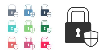 Siyah Kalkan güvenliği, beyaz arka planda kilit simgesi var. Koruma, güvenlik, şifre güvenliği. Güvenlik duvarı gizlilik levhası. Simgeleri renklendirin. Vektör.