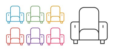 Beyaz arkaplanda, çizgi Cinema sandalye simgesi izole edildi. Simgeleri renklendirin. Vektör.