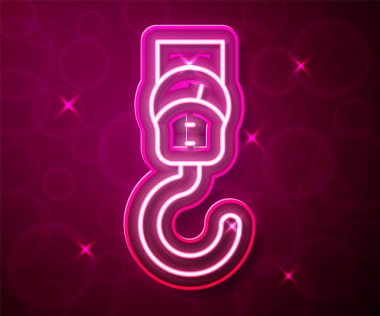 Parlayan neon hattı yay ölçeği simgesi kırmızı arkaplanda izole edildi. Tartı için denge. Ağırlığın belirlenmesi. Vektör.