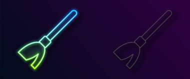 Parlayan neon hattı süpürge sapı simgesi siyah arkaplanda izole edildi. Temizlik hizmeti konsepti. Vektör.