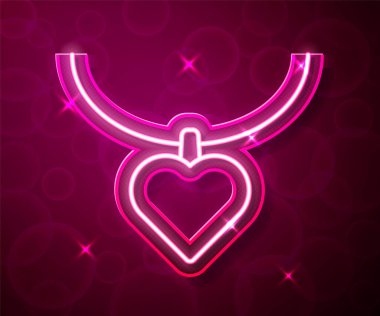 Kırmızıda izole edilmiş kalp şeklindeki kolye sembollü parlak neon çizgisi. Mücevher dekorasyonu. Uluslararası Mutlu Kadınlar Günü. Vektör.