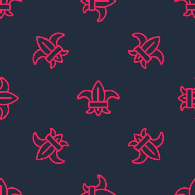 Kırmızı çizgi Fleur de lys veya zambak ikonu siyah arkaplanda izole edilmiş kusursuz desen. Vektör.