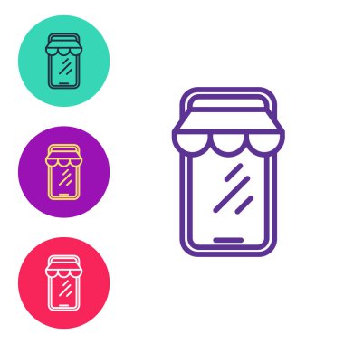 Cep telefonu simgesinden çevrimiçi alışveriş yapmak beyaz arkaplanda izole edildi. İnternet dükkanı, mobil mağaza uygulaması ve faturalar. Simgeleri renklendirin. Vektör.