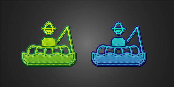 Green and blue Fisherman sitting in a boat and fishing with a rod icon isolated on black background. Vector.